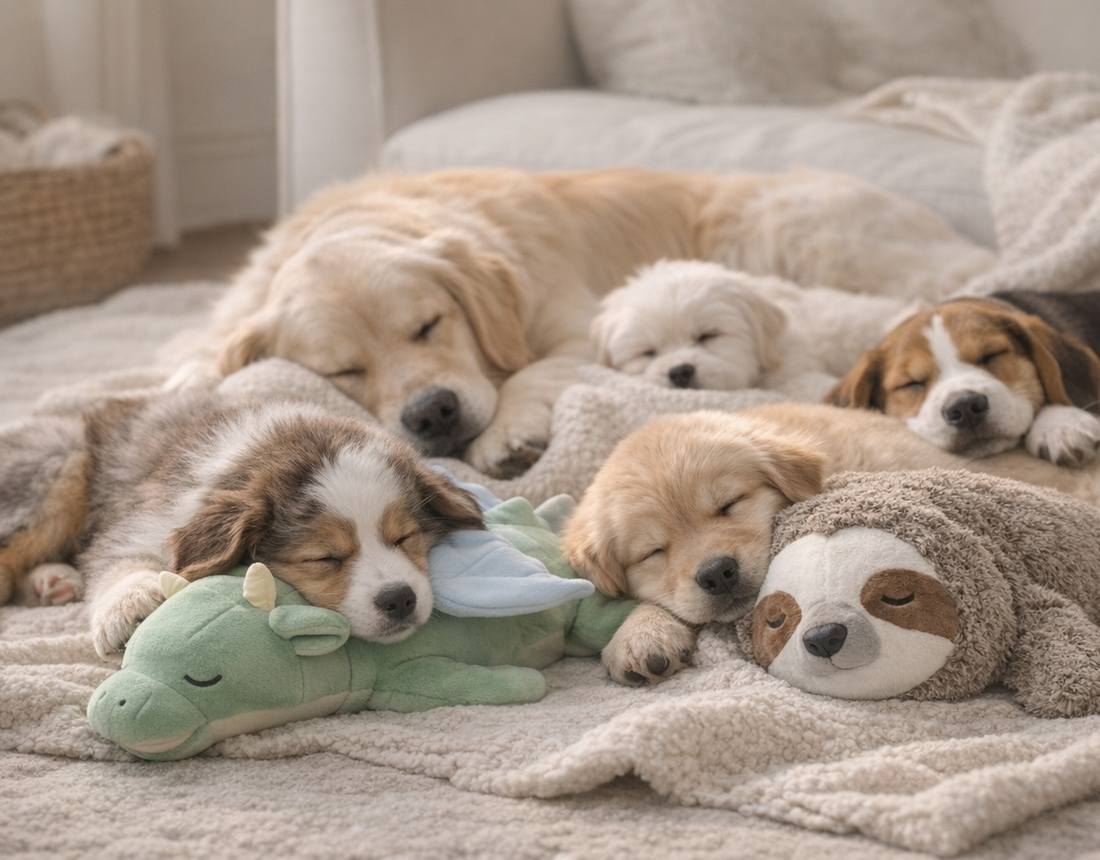 Grupo de cachorros durmiendo juntos en un entorno interior cálido que transmite calma, compañía y seguridad