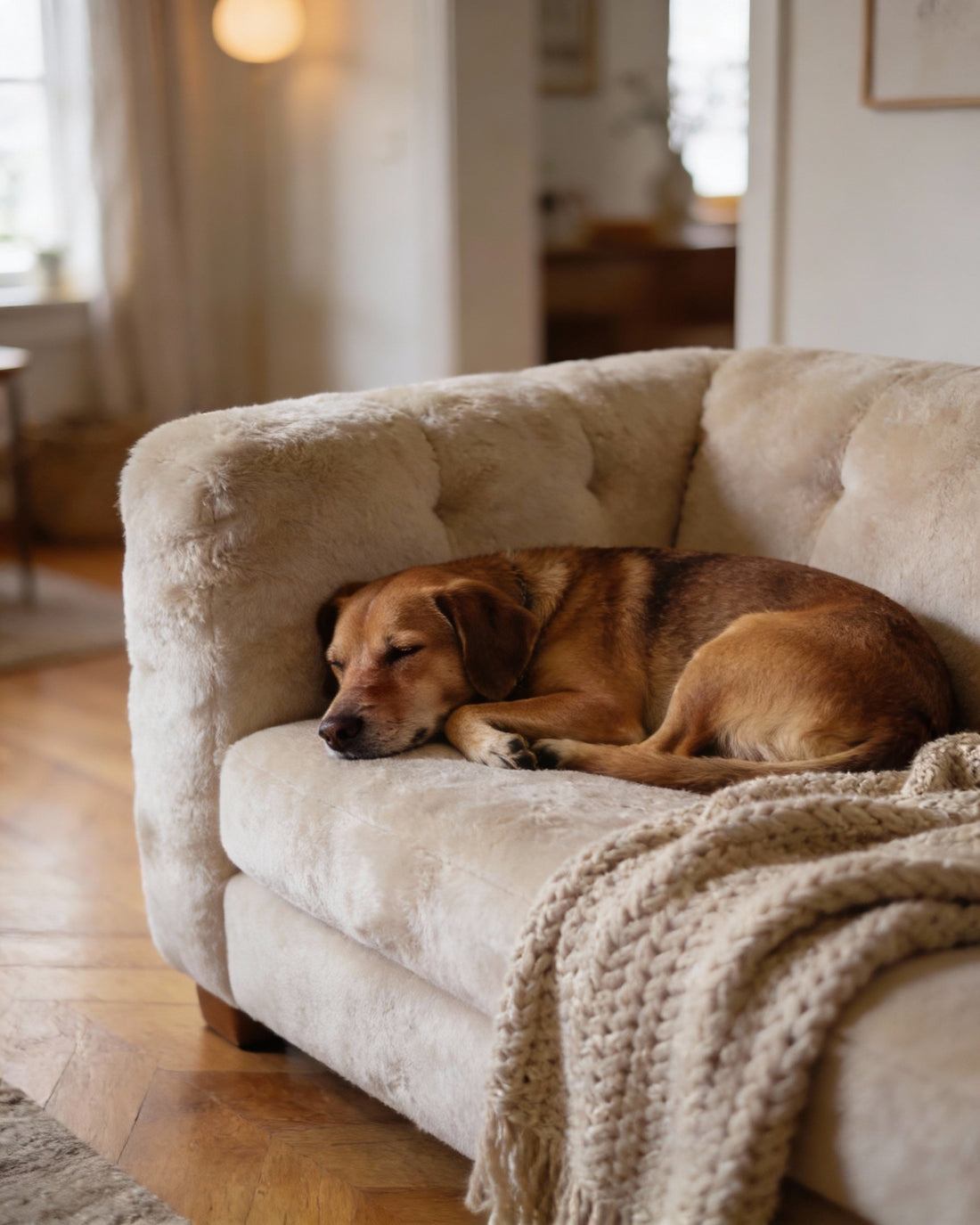 Perro descansando en un entorno doméstico tranquilo que transmite seguridad emocional