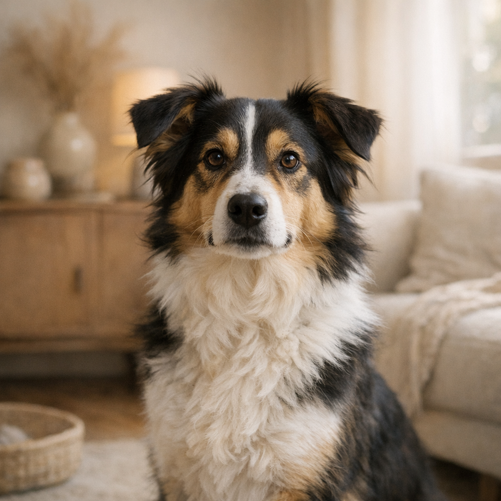 Perro en interior doméstico tranquilo, en un entorno de hogar que transmite calma y seguridad