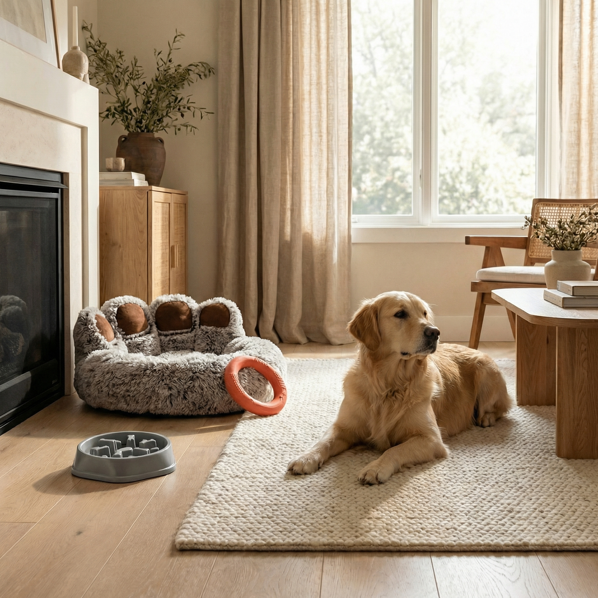 Accesorios para perros integrados en una rutina de calma junto a un perro tranquilo en interior doméstico